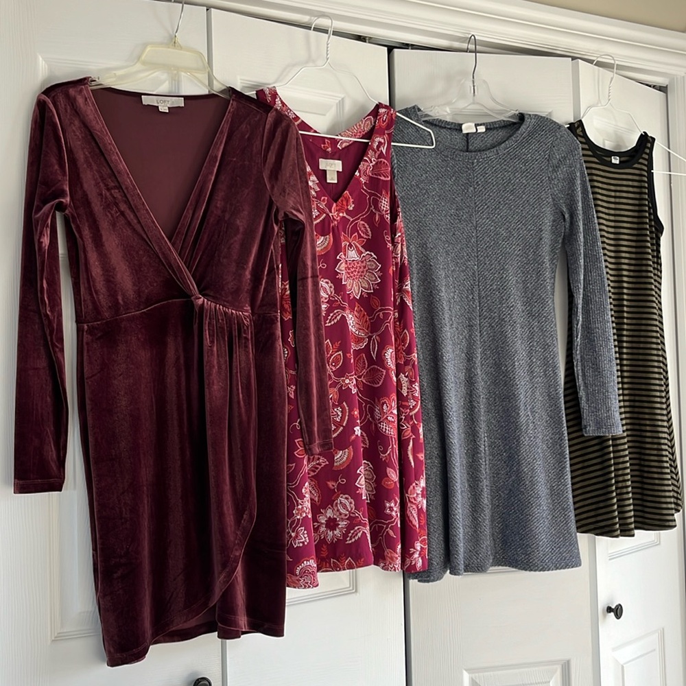 XS Loft GAP & Old Navy LOT 4 dresses velvety mauve long sleeve holiday, spandex